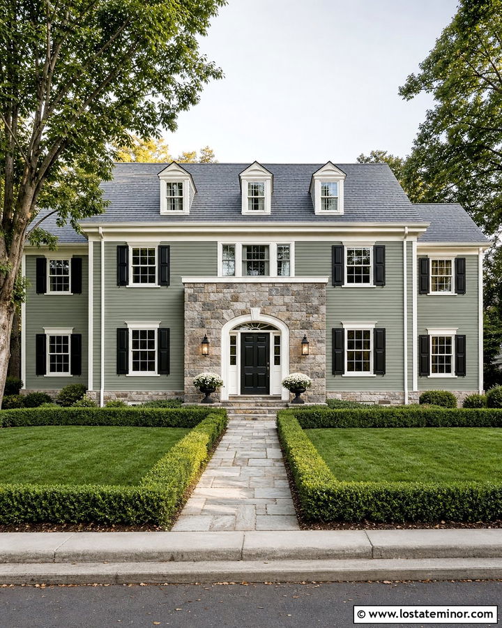 Sage Green Colonial House With Gray Stone - 30 Sage Green House Design With Stone Accents Ideas