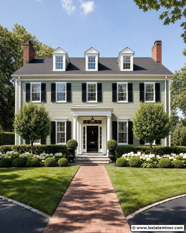 Sage Green Colonial House With Symmetrical Hedges - 30 Sage Green House Design With Landscaping Ideas