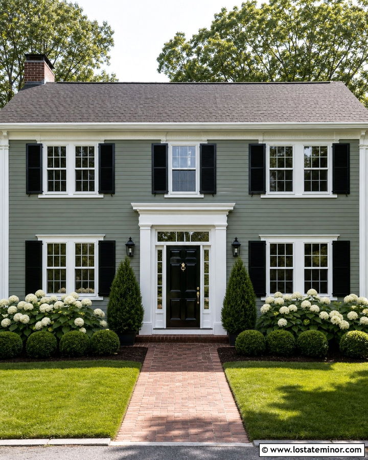 Sage Green Colonial House With Symmetrical Landscaping - 30 Sage Green House Design With Front Yard Ideas