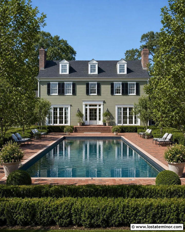 Sage Green Colonial House With Symmetrical Pool - 30 Sage Green House Design With Swimming Pool Ideas