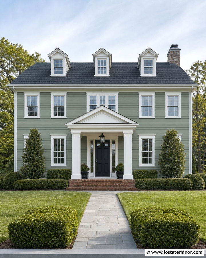 Sage Green Colonial House With White Gable Portico - 30 Sage Green House Design With Portico Ideas