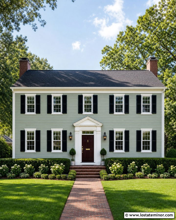 Sage Green Colonial Siding With Black Shutters - 30 Sage Green House Design With Siding Ideas