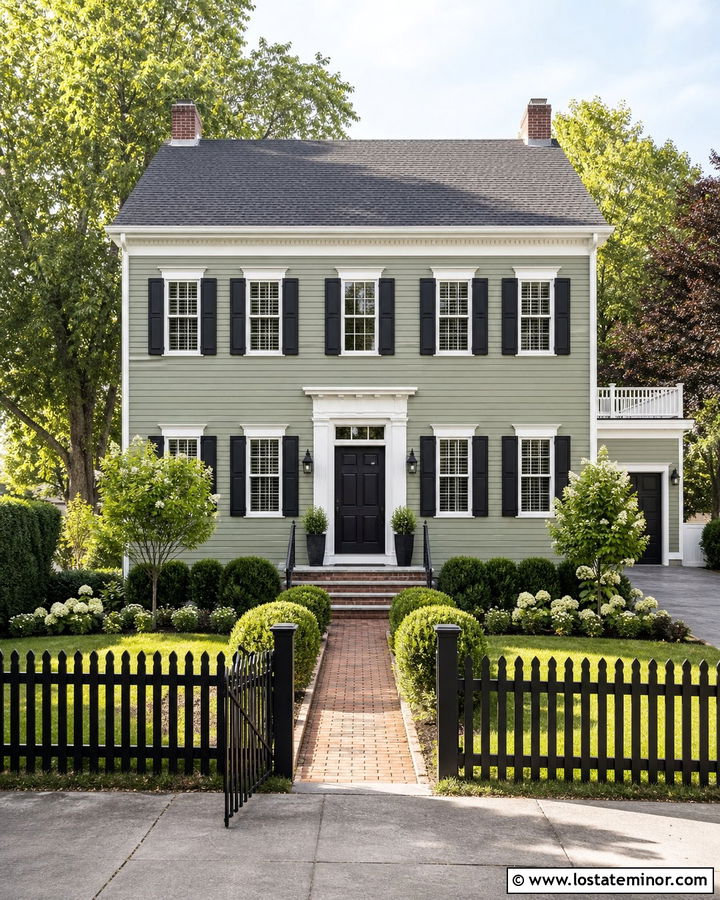 Sage Green Colonial With Black Picket Fence - 30 Sage Green House Design With Fence Ideas