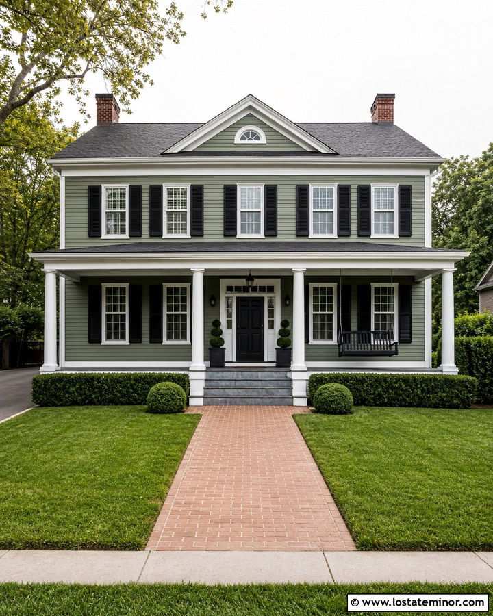 Sage Green Colonial With Black Porch Swing - 30 Sage Green House Design With Swing Ideas