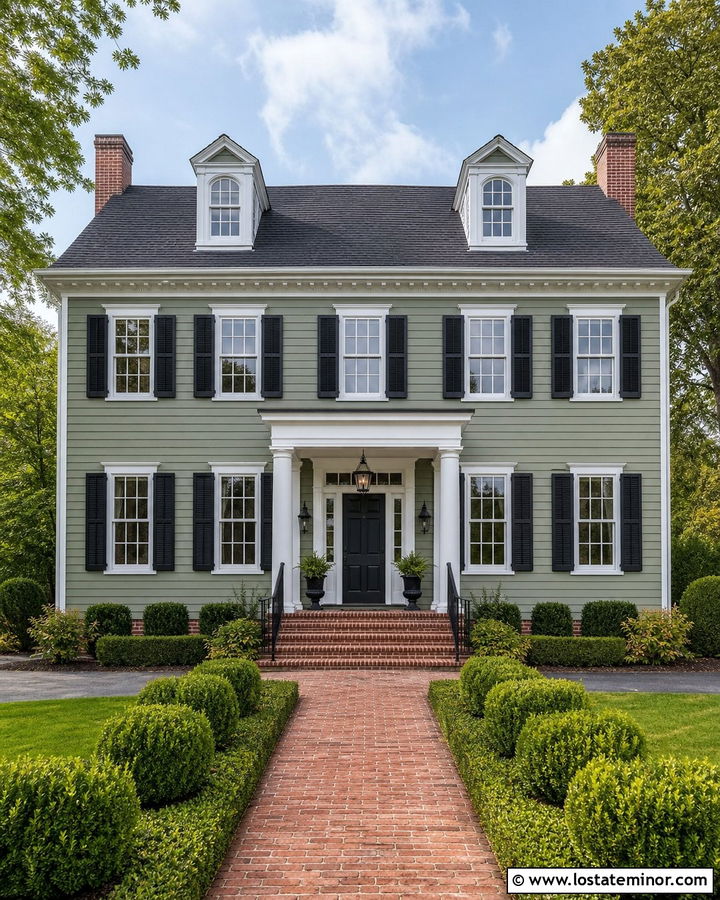Sage Green Colonial With Black Railings - 30 Sage Green House Design With Railings Ideas
