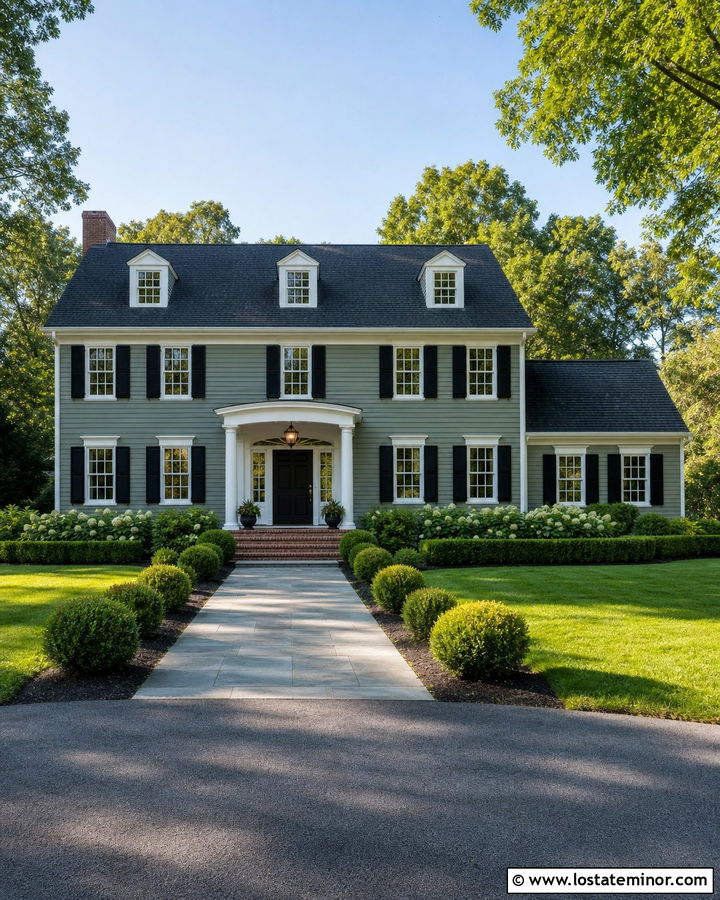 Sage Green Colonial With Black Roof Shingles - 30 Sage Green House Design With Shingles Ideas