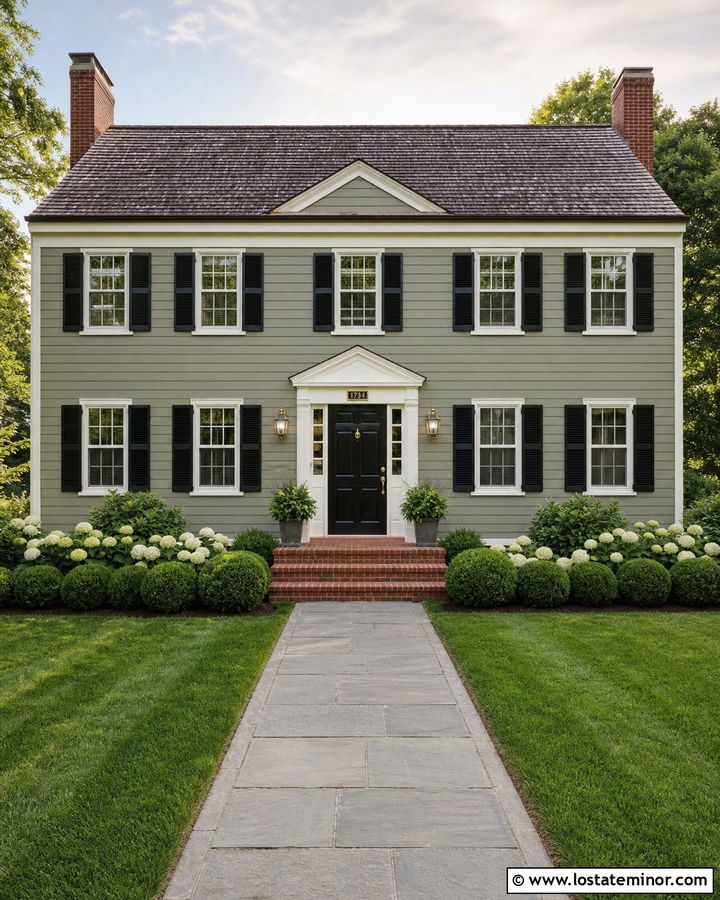 Sage Green Colonial With Brass House Number Plaque - 30 Sage Green House Design With House Numbers Ideas
