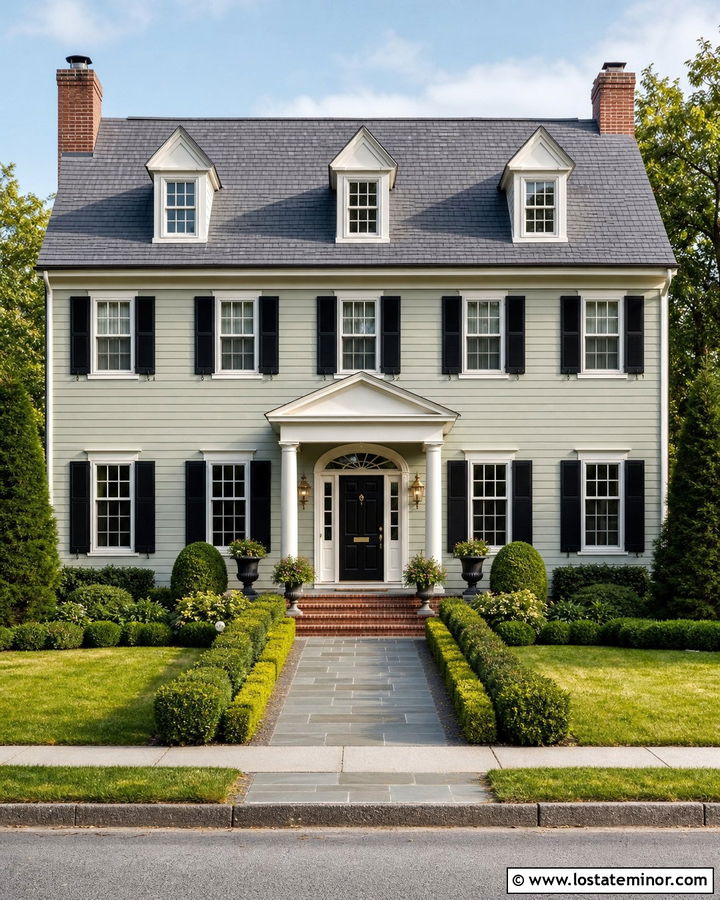 Sage Green Colonial With Brass Wall Sconces - 30 Sage Green House Design With Light Fixtures Ideas
