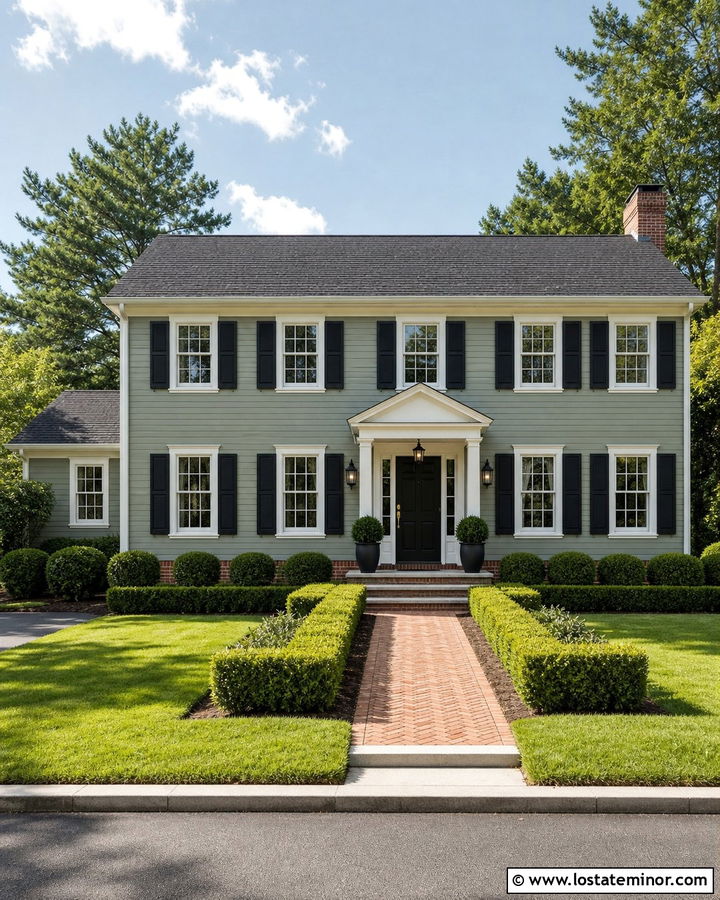 Sage Green Colonial With Brick Foundation - 30 Sage Green House Design With Brick Accents Ideas