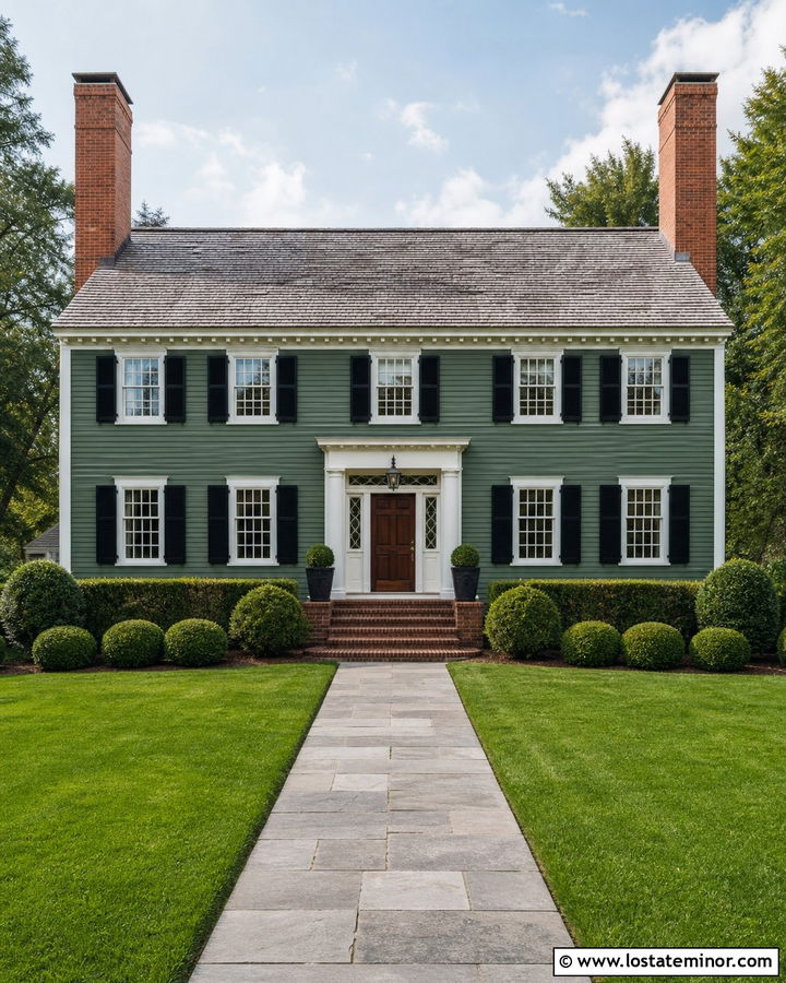 Sage Green Colonial With Double Chimneys - 30 Sage Green House Design With Chimney Ideas