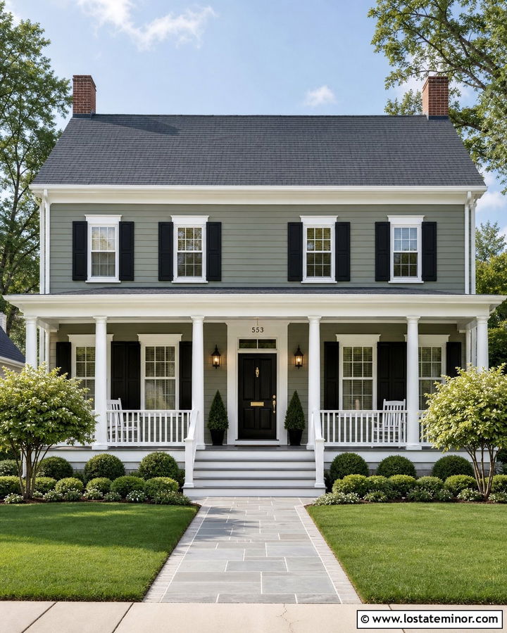 Sage Green Colonial With Gray Front Porch - 30 Sage Green House Design With Front Porch Ideas