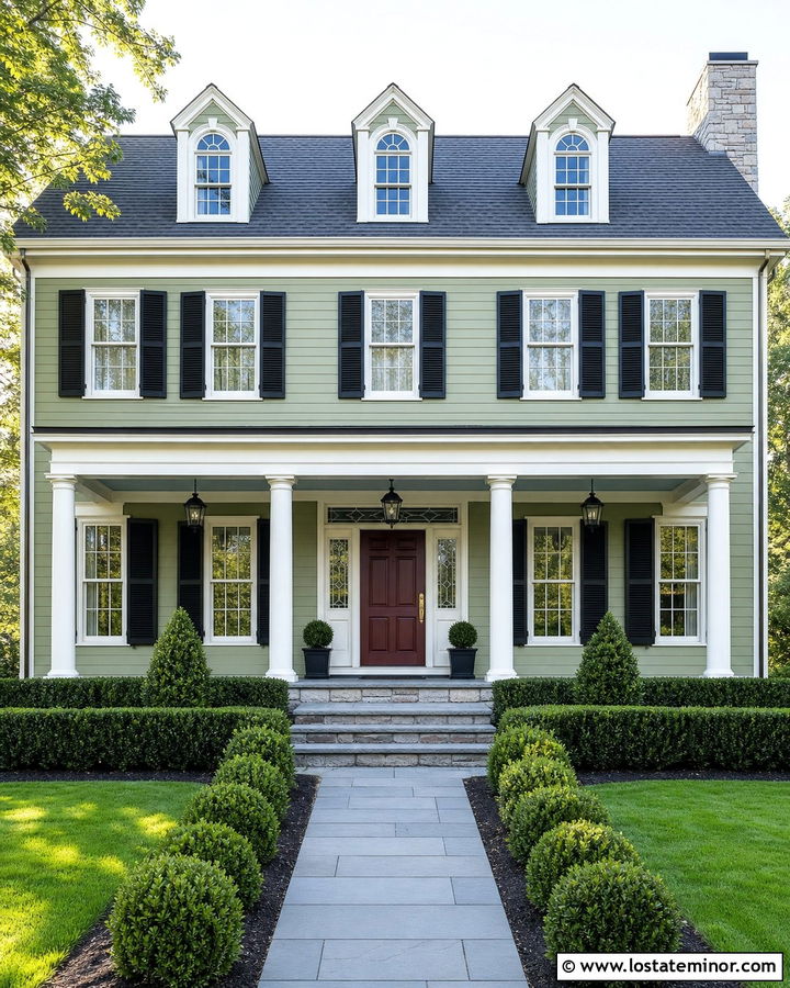 Sage Green Colonial With Pale Gray Porch Ceiling - 30 Sage Green House Design With Porch Ceiling Ideas