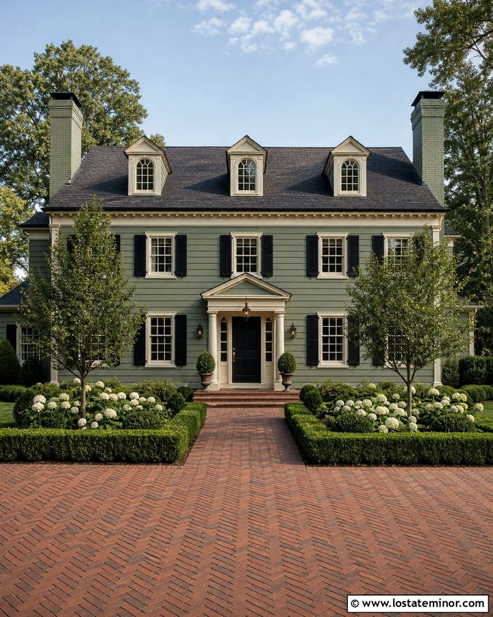 Sage Green Colonial With Red Brick Driveway - 30 Sage Green House Design With Driveway Ideas
