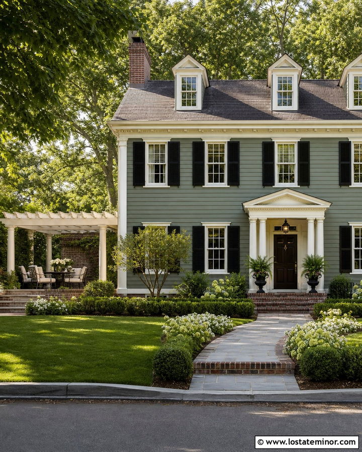 Sage Green Colonial With Side Yard Pergola - 30 Sage Green House Design With Pergola Ideas