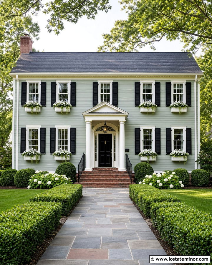 Sage Green Colonial With Symmetrical Window Boxes - 30 Sage Green House Design With Window Boxes Ideas