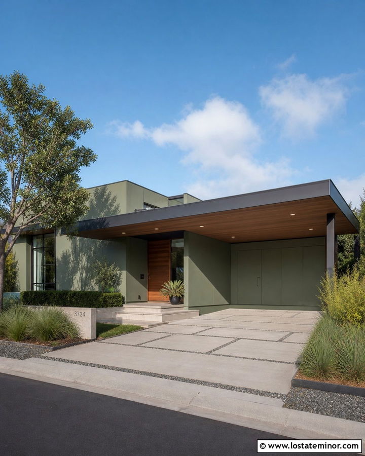 Sage Green Contemporary House With Cantilevered Carport - 30 Sage Green House Design With Carport Ideas