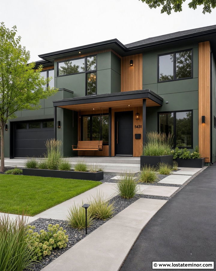 Sage Green Contemporary House With Floating Swing - 30 Sage Green House Design With Swing Ideas