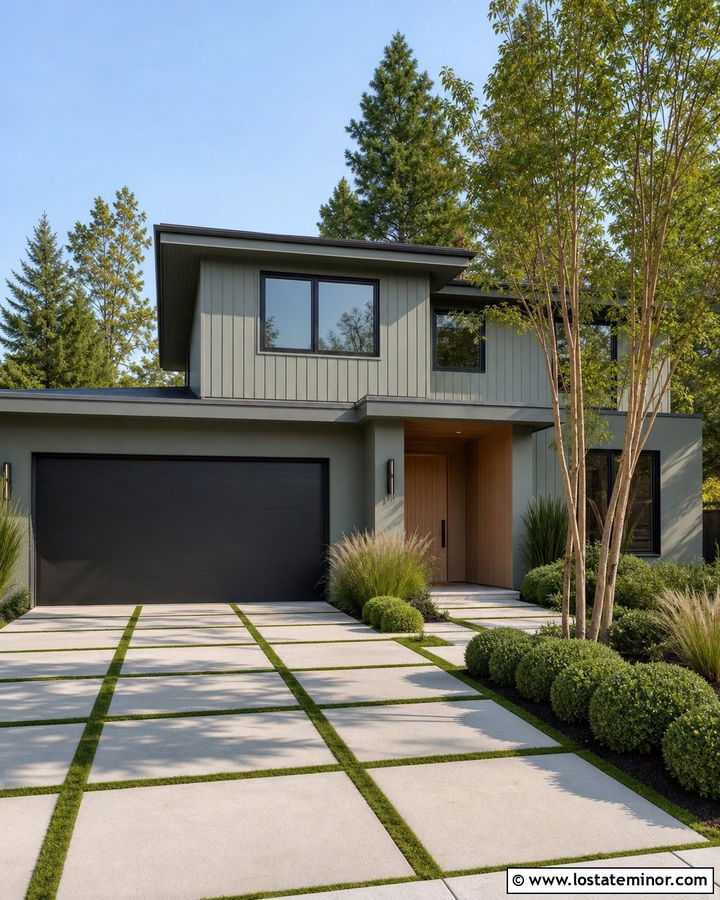 Sage Green Contemporary House With Grass Pavers - 30 Sage Green House Design With Driveway Ideas