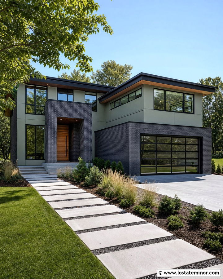 Sage Green Contemporary House With Gray Brick - 30 Sage Green House Design With Brick Accents Ideas