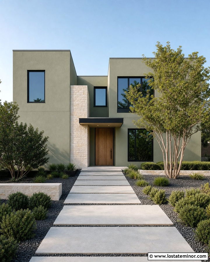 Sage Green Contemporary House With Minimal Front Yard - 30 Sage Green House Design With Front Yard Ideas