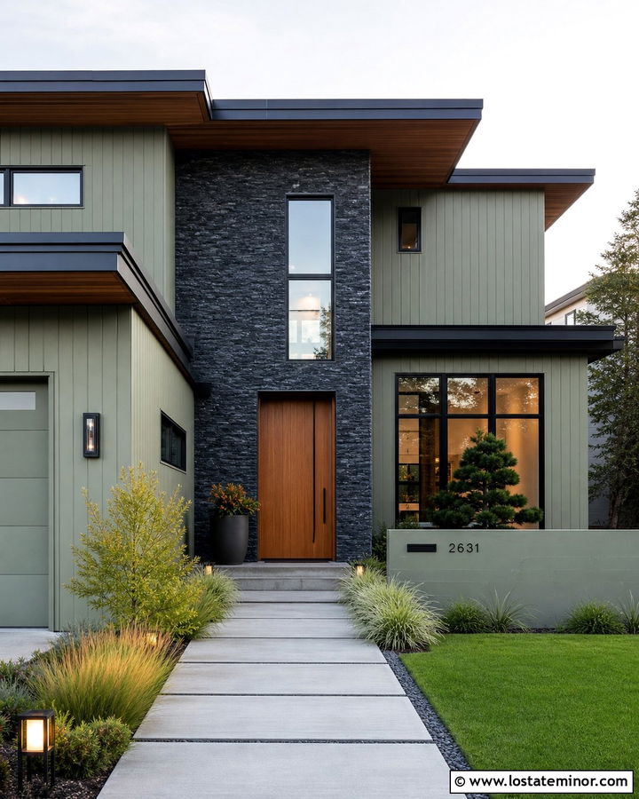 Sage Green Contemporary House With Slate Stone - 30 Sage Green House Design With Stone Accents Ideas