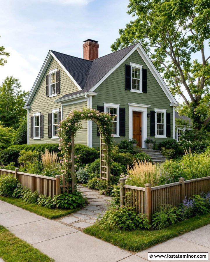Sage Green Corner House With Fence And Garden Arbor - 30 Sage Green House Design With Front Yard Ideas