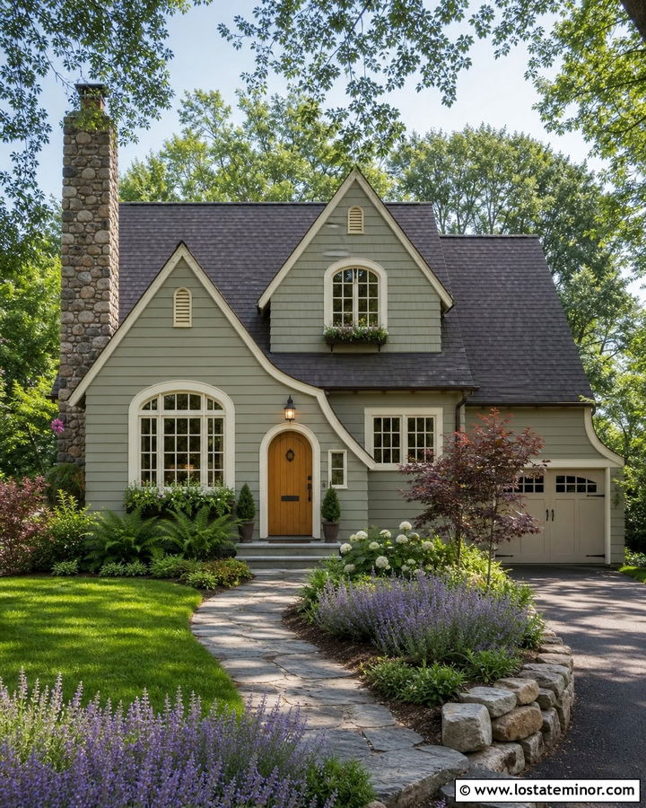 Sage Green Cottage Siding With Arched Details - 30 Sage Green House Design With Siding Ideas