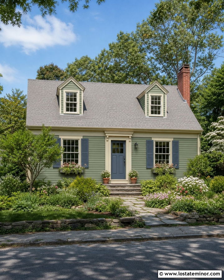 Sage Green Cottage With Blue Shutters - 30 Sage Green House Design With Shutters Ideas