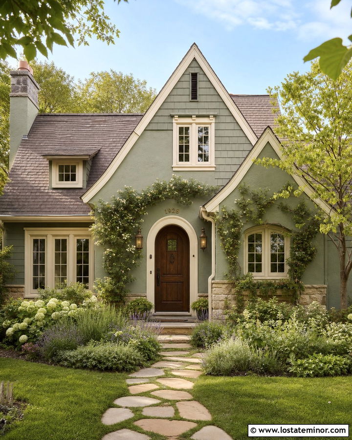 Sage Green Cottage With Brass Numbers Over The Door - 30 Sage Green House Design With House Numbers Ideas