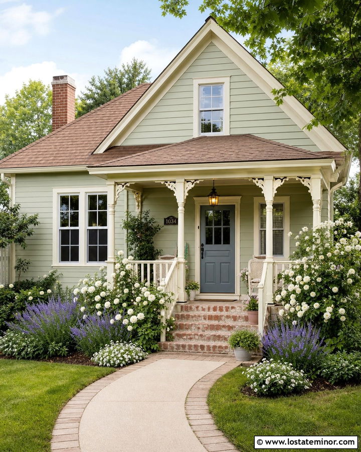 Sage Green Cottage With Cream Front Porch - 30 Sage Green House Design With Front Porch Ideas