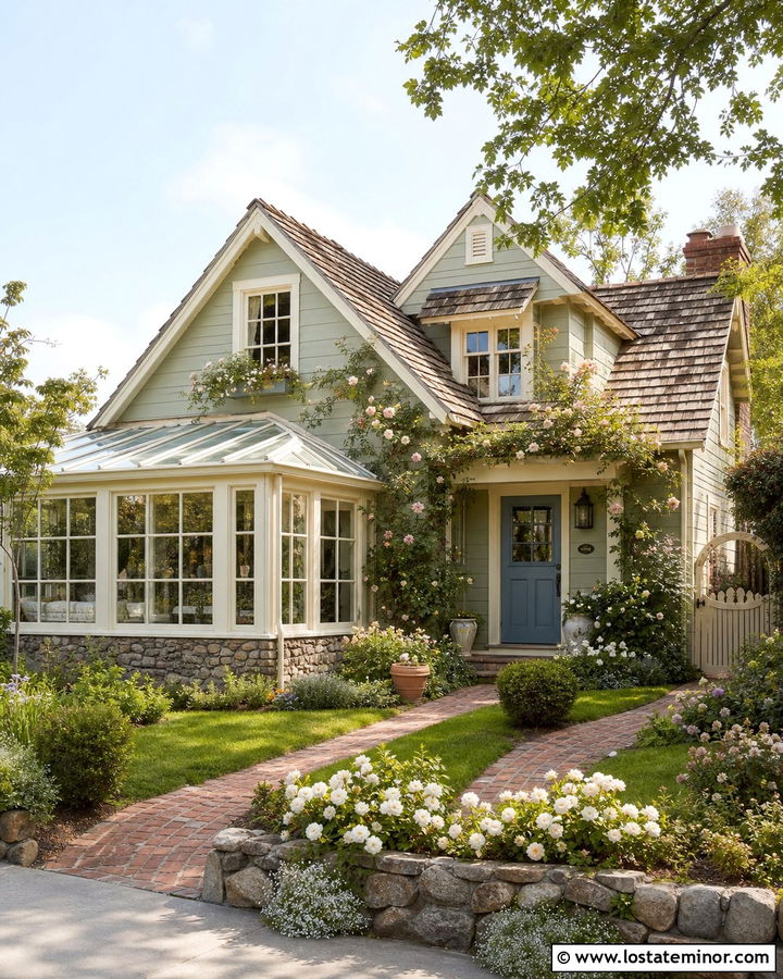 Sage Green Cottage With Cream Garden Sunroom - 30 Sage Green House Design With Sunroom Ideas