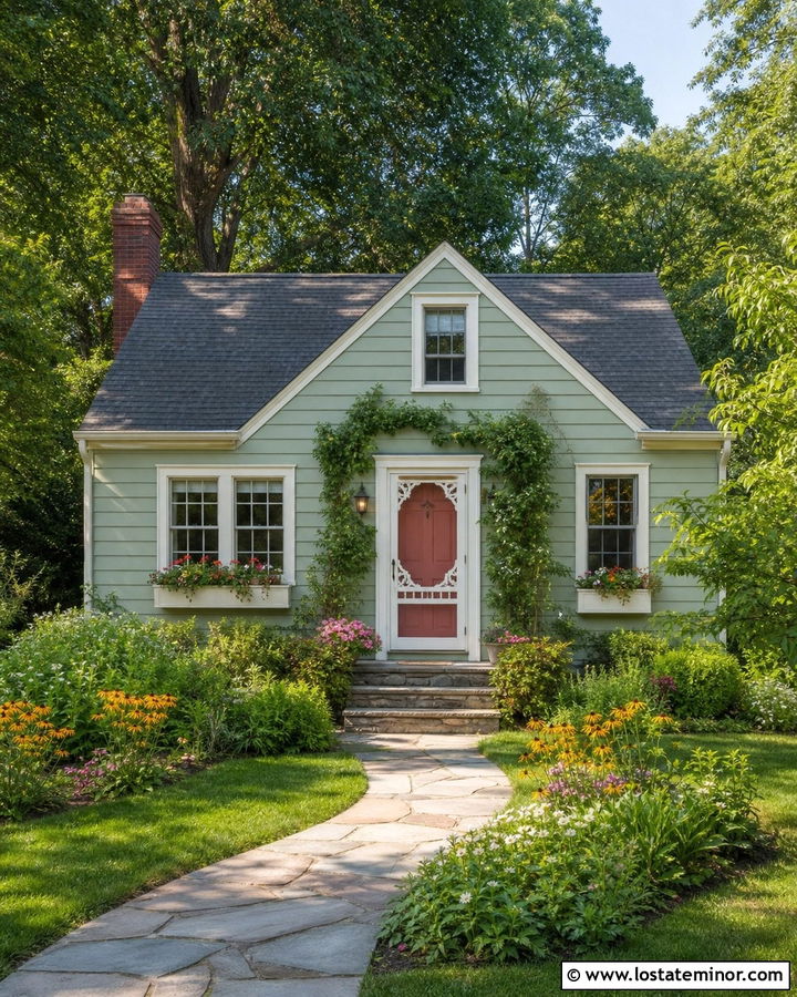 Sage Green Cottage With Floral Screen Door - 30 Sage Green House Design With Screen Door Ideas