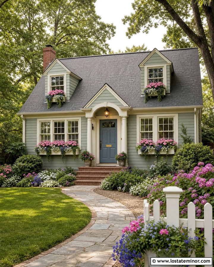Sage Green Cottage With Flower Window Boxes - 30 Sage Green House Design With Window Boxes Ideas