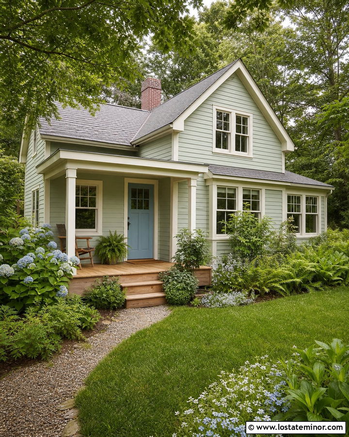 Sage Green Cottage With Natural Wood Deck - 30 Sage Green House Design With Deck Ideas