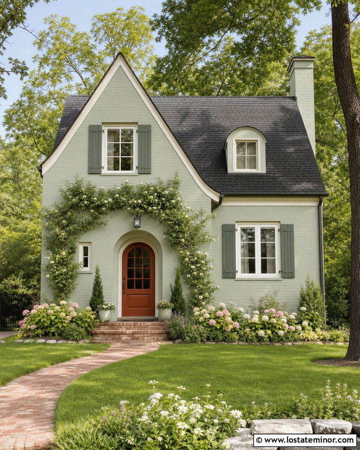 Sage Green Cottage With Painted Brick - 30 Sage Green House Design With Brick Accents Ideas
