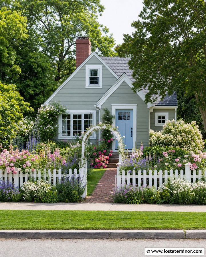 Sage Green Cottage With Picket Fence Garden - 30 Sage Green House Design With Landscaping Ideas