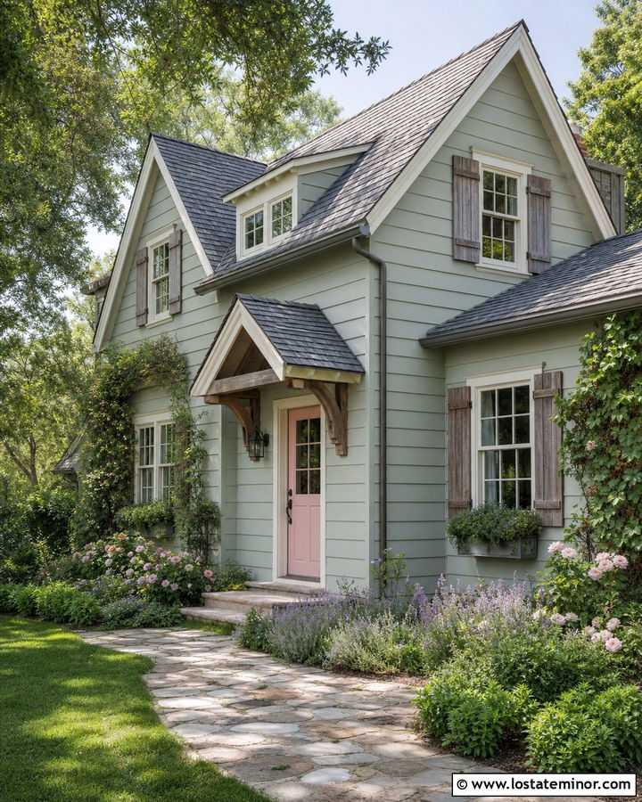 Sage Green Cottage With Pink Door - 30 Sage Green House Design With Accents Ideas
