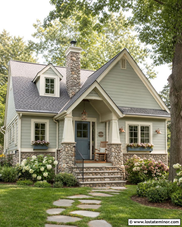 Sage Green Cottage With River Rock Porch - 30 Sage Green House Design With Stone Accents Ideas