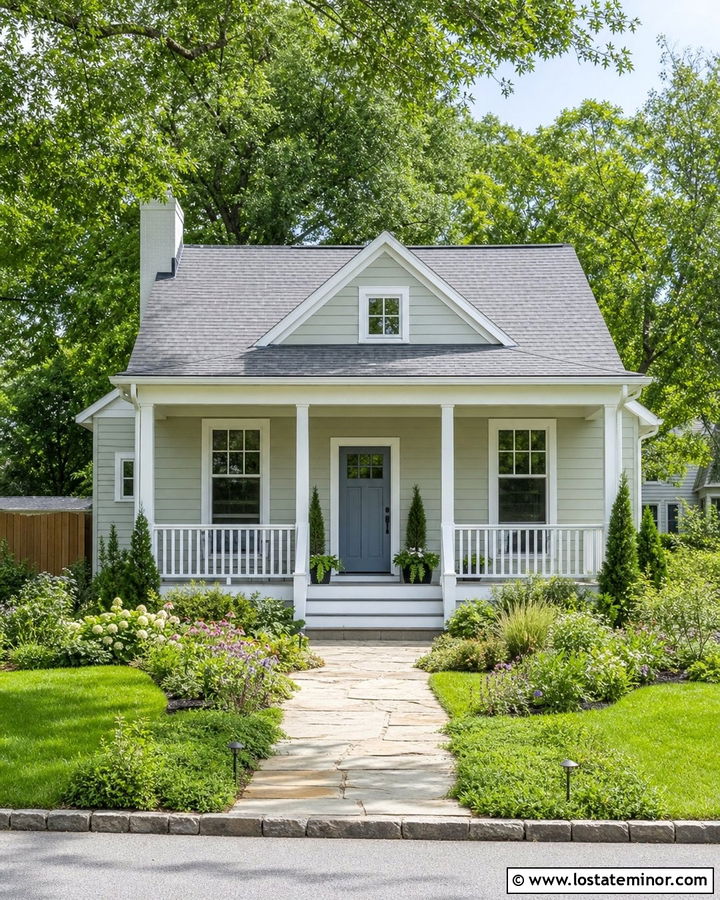 Sage Green Cottage With Slim White Porch Columns - 30 Sage Green House Design With Porch Columns Ideas