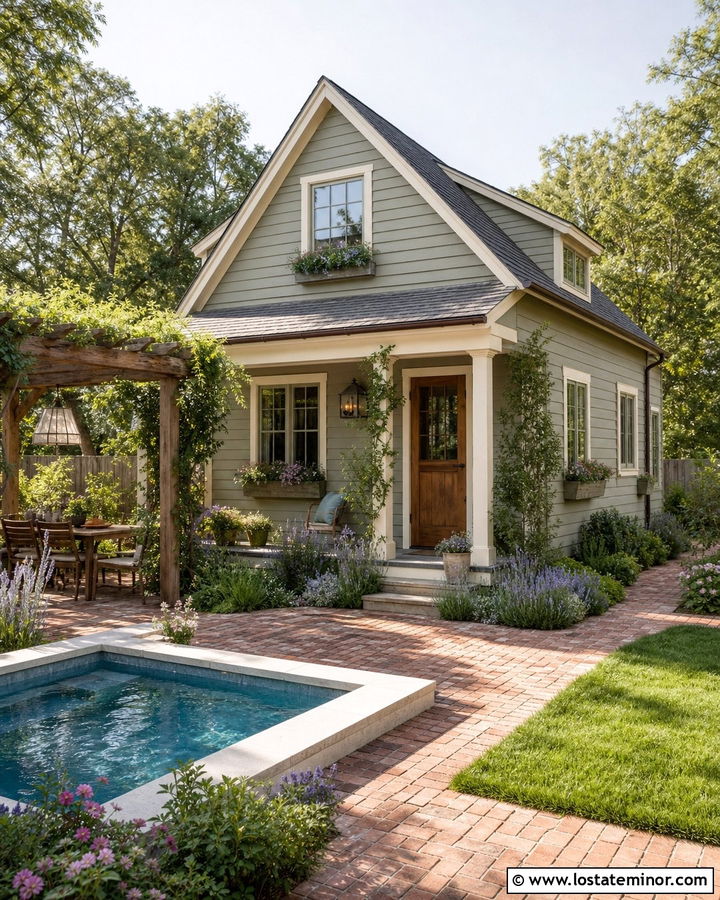 Sage Green Cottage With Small Plunge Pool - 30 Sage Green House Design With Swimming Pool Ideas