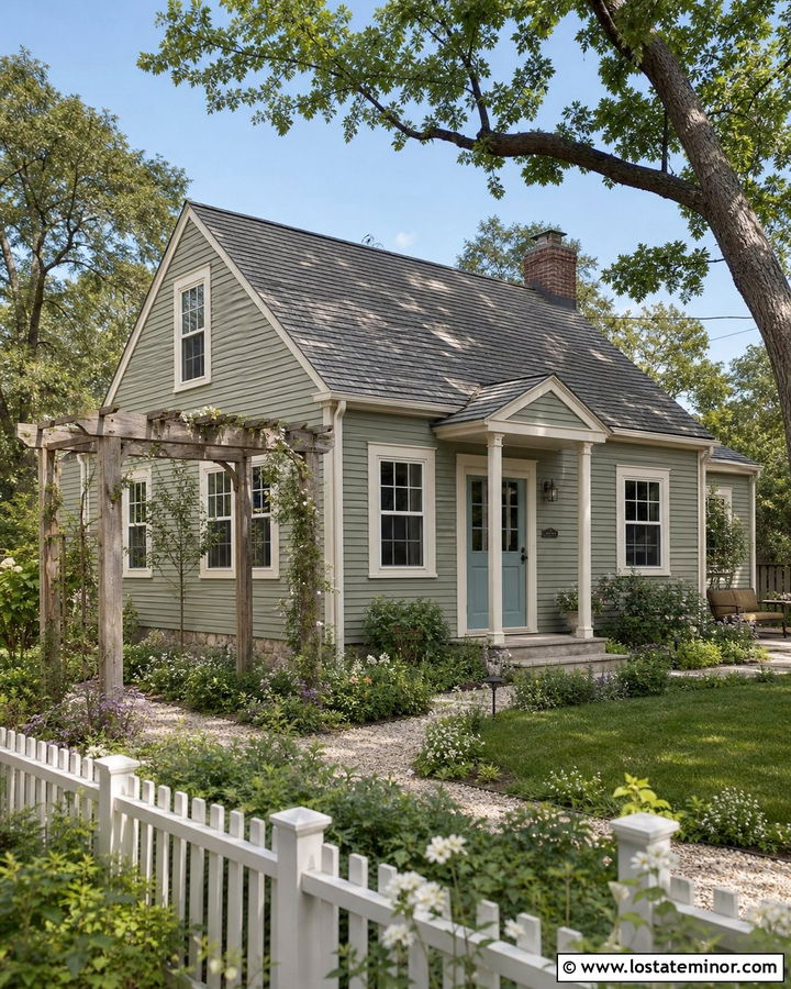 Sage Green Cottage With Vine Covered Pergola - 30 Sage Green House Design With Pergola Ideas