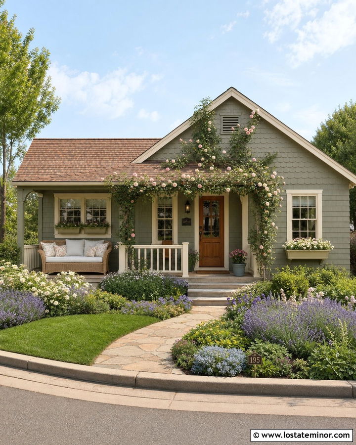 Sage Green Cottage With Wicker Porch Daybed - 30 Sage Green House Design With Daybed Ideas