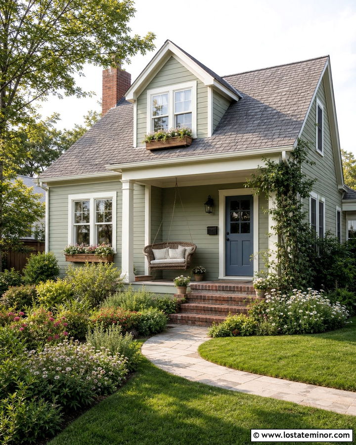 Sage Green Cottage With Wicker Swing - 30 Sage Green House Design With Swing Ideas