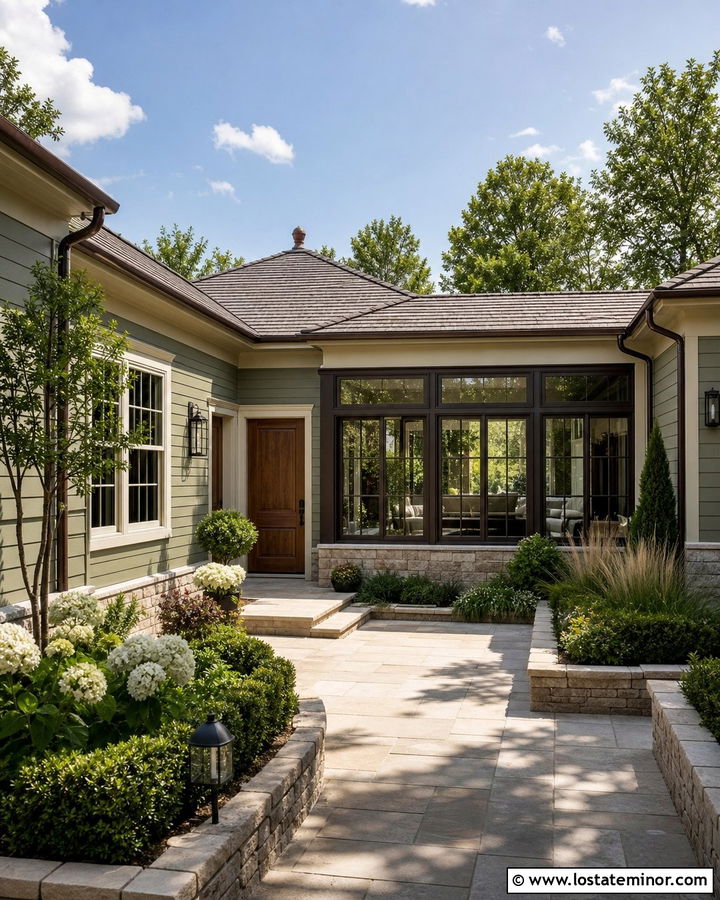 Sage Green Courtyard House With Sunroom - 30 Sage Green House Design With Sunroom Ideas