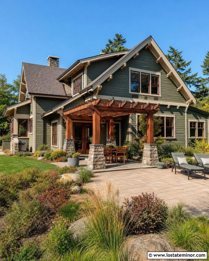 Sage Green Craftsman House With Paver Patio - 30 Sage Green House Design With Backyard Ideas