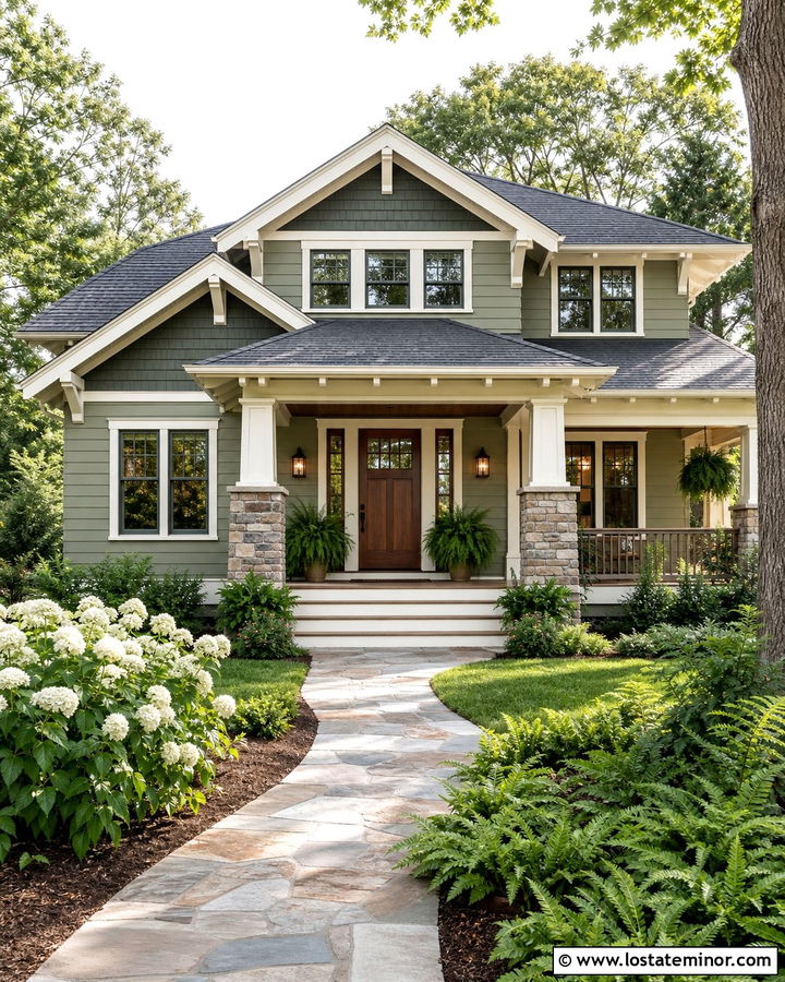 Sage Green Craftsman House With Stone Columns - 30 Sage Green House Design With Stone Accents Ideas