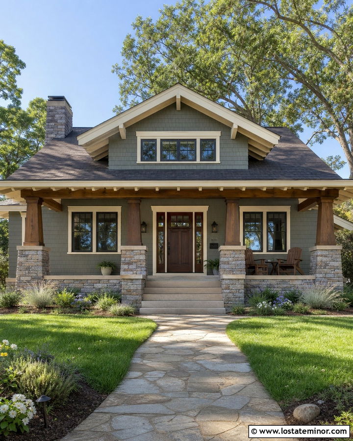 Sage Green Craftsman House With Stone Columns - 30 Sage Green House Design With Accents Ideas