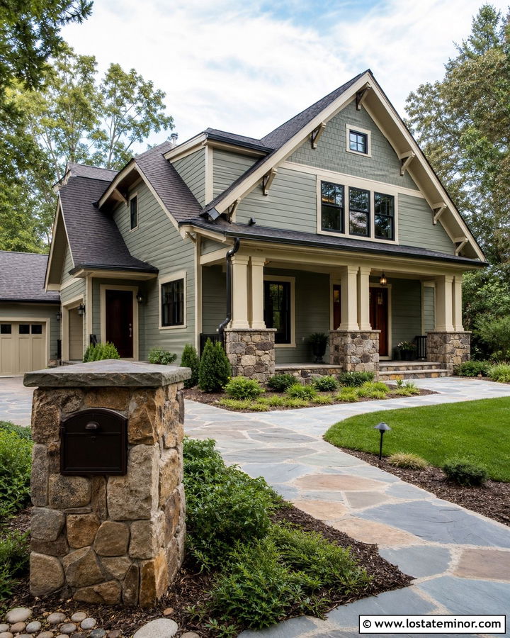 Sage Green Craftsman House With Stone Pillar Mailbox - 30 Sage Green House Design With Mailbox Ideas