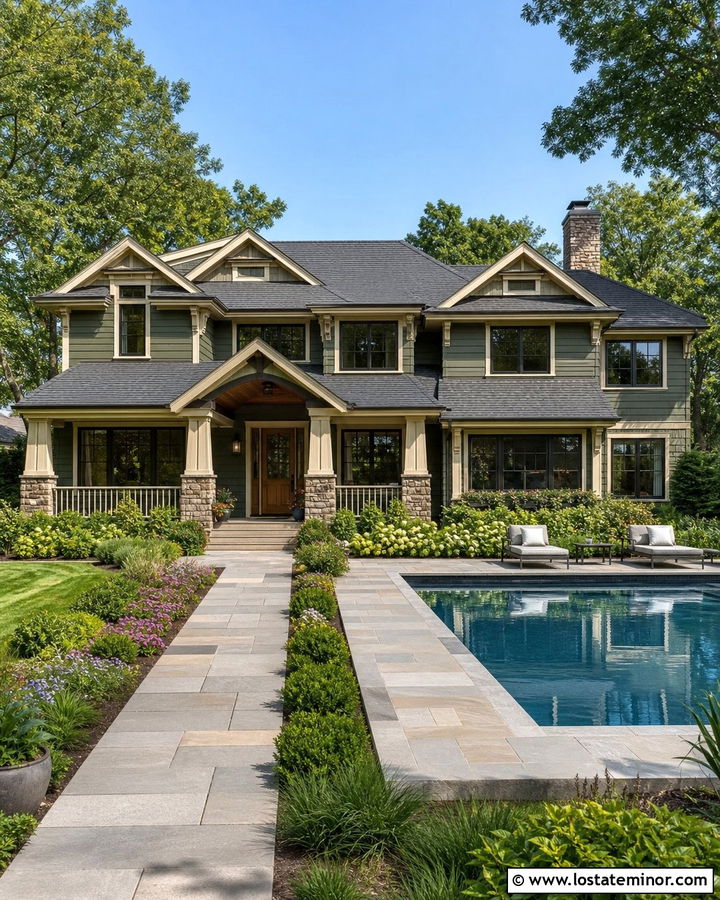 Sage Green Craftsman House With Stone Pool Deck - 30 Sage Green House Design With Swimming Pool Ideas