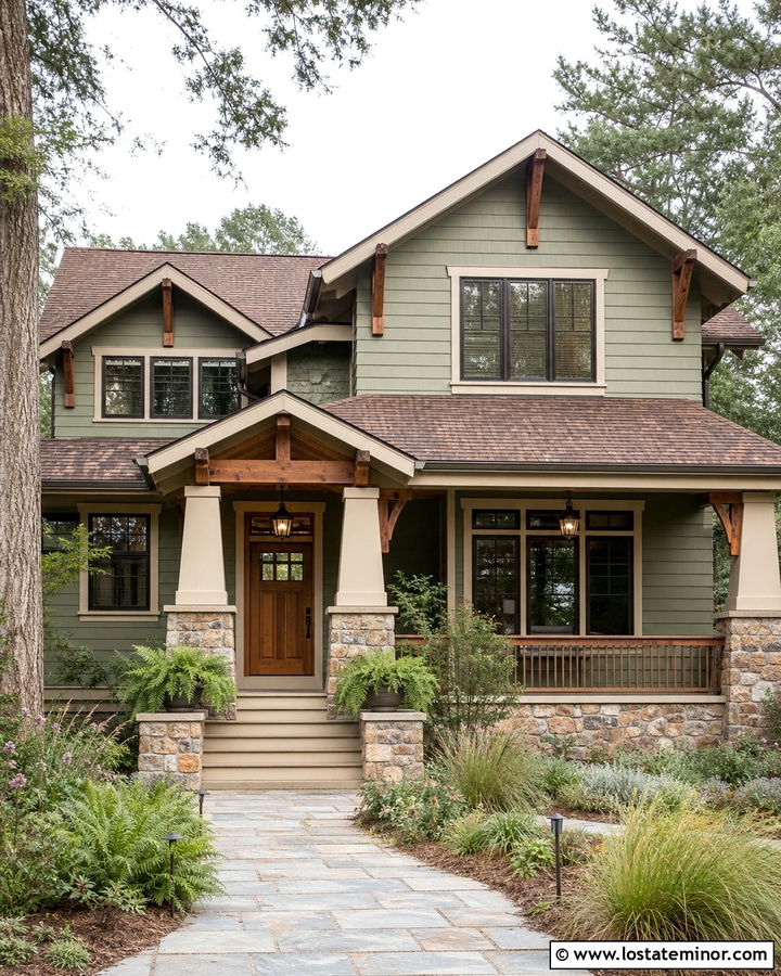 Sage Green Craftsman House With Stone Portico - 30 Sage Green House Design With Portico Ideas